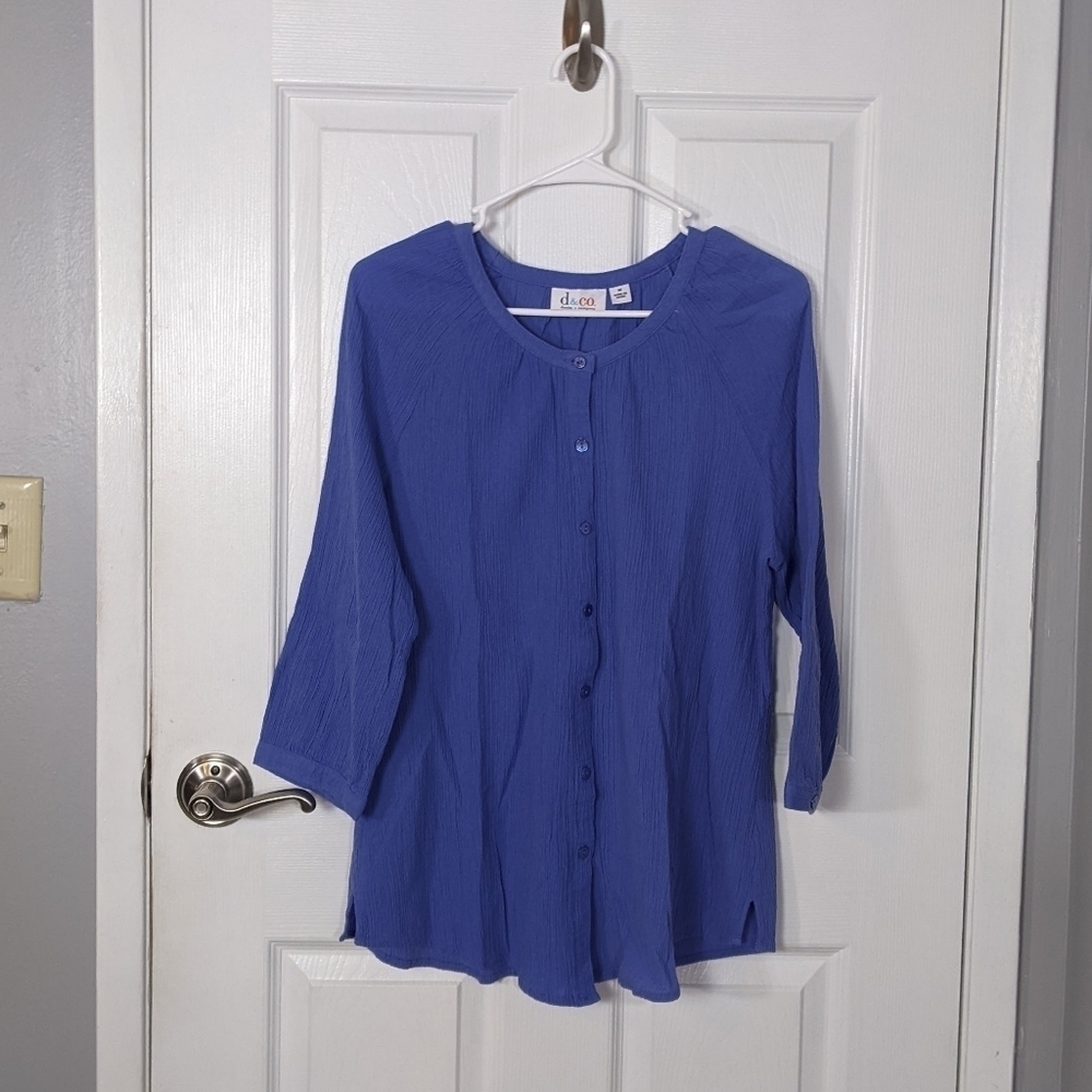 New 100%‎ Cotton Denim&Co. Gauzy Blue 3/4 Sleeve Button Down Blouse Size Medium